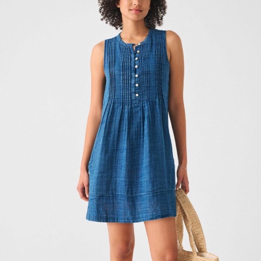 Faherty Blue Sleeveless Cotton Pleated Bodice Mini Isha Dress